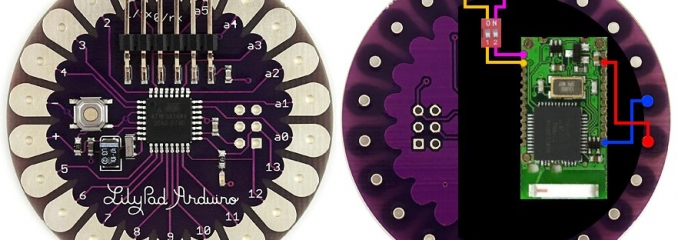 A Lilypad with a Sparkfun SMD module and the connection diagram